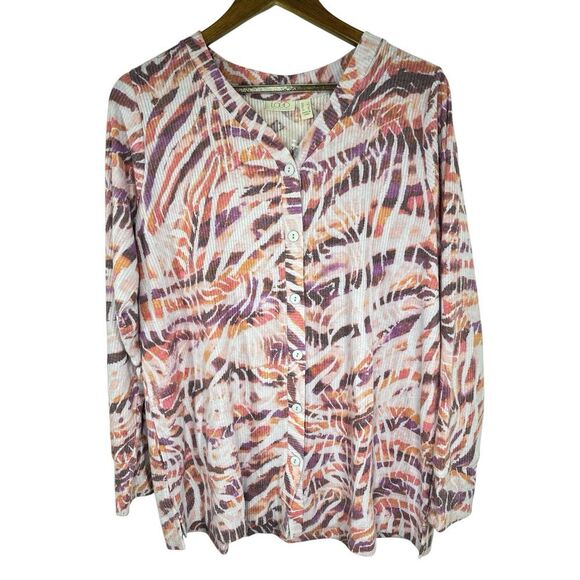 LOGO by Lori Goldstein Printed Button Front Cardigan Blue‎ Sea Size L - Picture 1 of 10